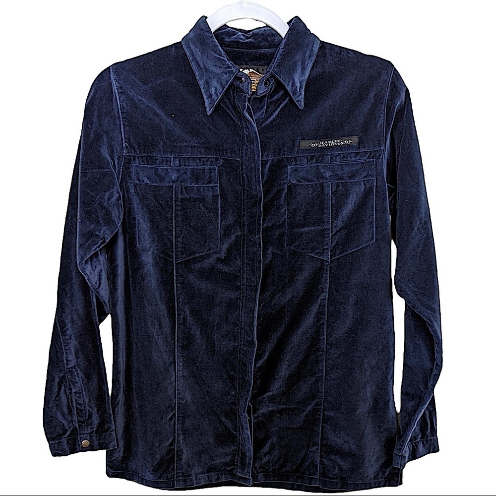 HARLEY Davidson Vintage Midnight Blue Cotton Velvet Button Front Shirt Size XS